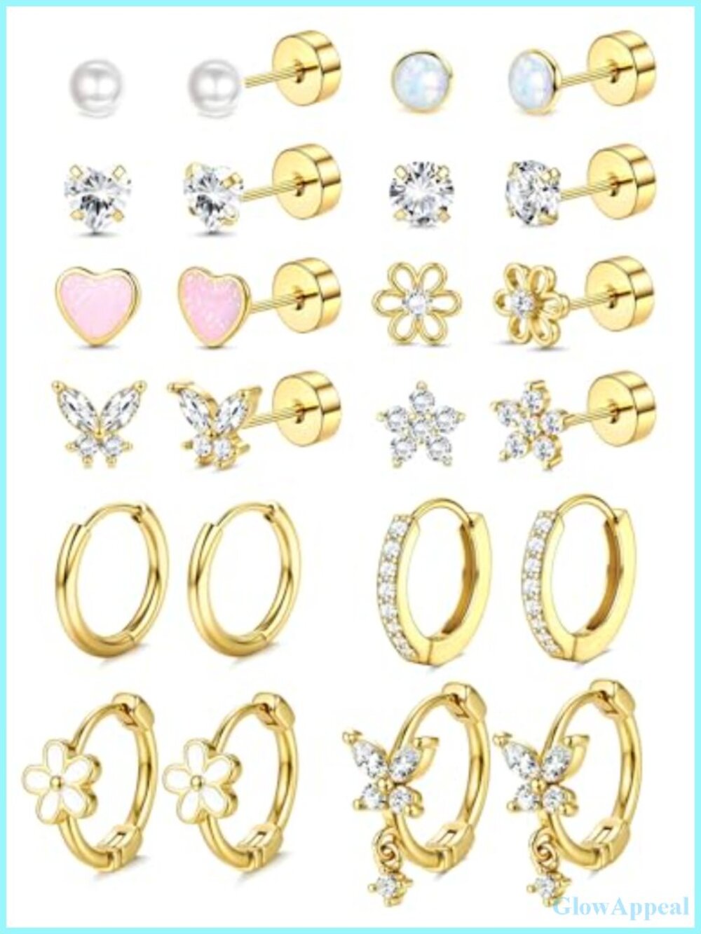 12 Pairs Surgical Steel Hypoallergenic Flat Back Earrings Studs Hoops Dangles